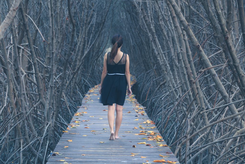 ensom kvinde, der går alene på træbro ind i skoven
